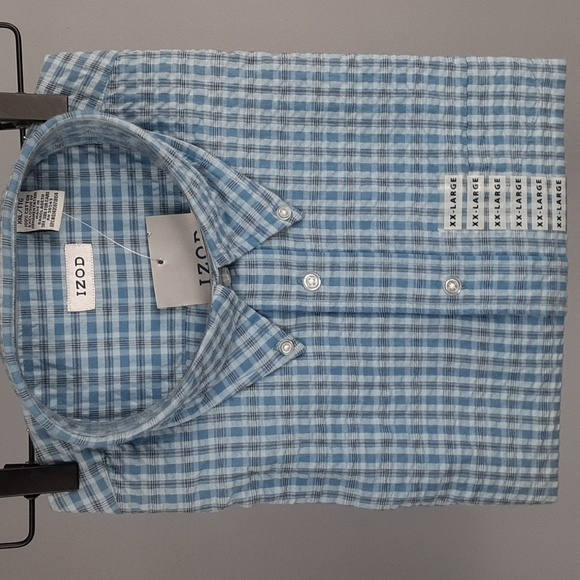 IZOD Men's Plaid Blue Seersucker Button-Up Short Sleeve Shirt - Picture 1 of 7